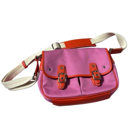 Coach Pink & Orange Canvas Park Crossbody Bag, Color-block Leather Trim - Picture 1 of 8